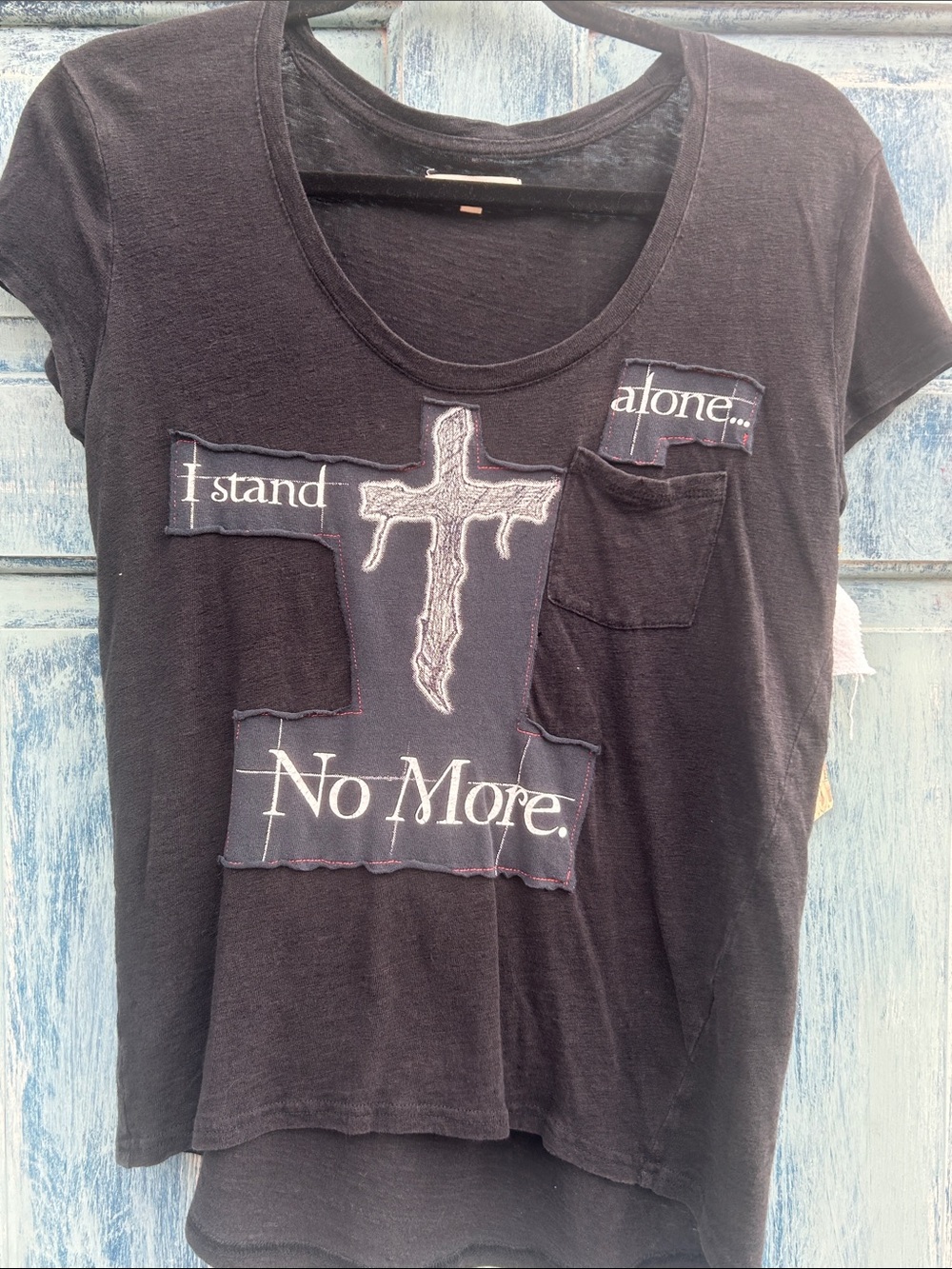 Upcycled I stand alone no more cross patched linen madewell t shirt